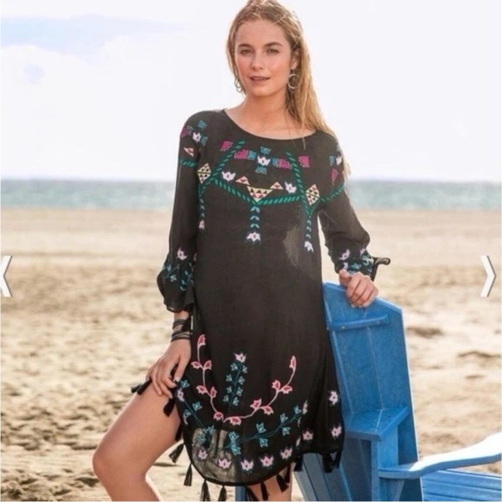 Sundance FRIDA'S GARDEN Embroidered COVER UP Dress S SWIM Tassel Boho Black